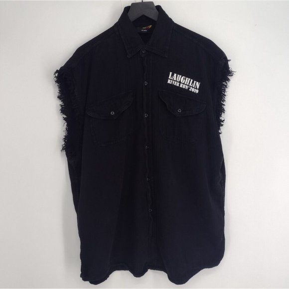 Laughlin River Run Flame Skull Cut Off Sleeveless Button Down Shirt Mens 3XL - Picture 4 of 7